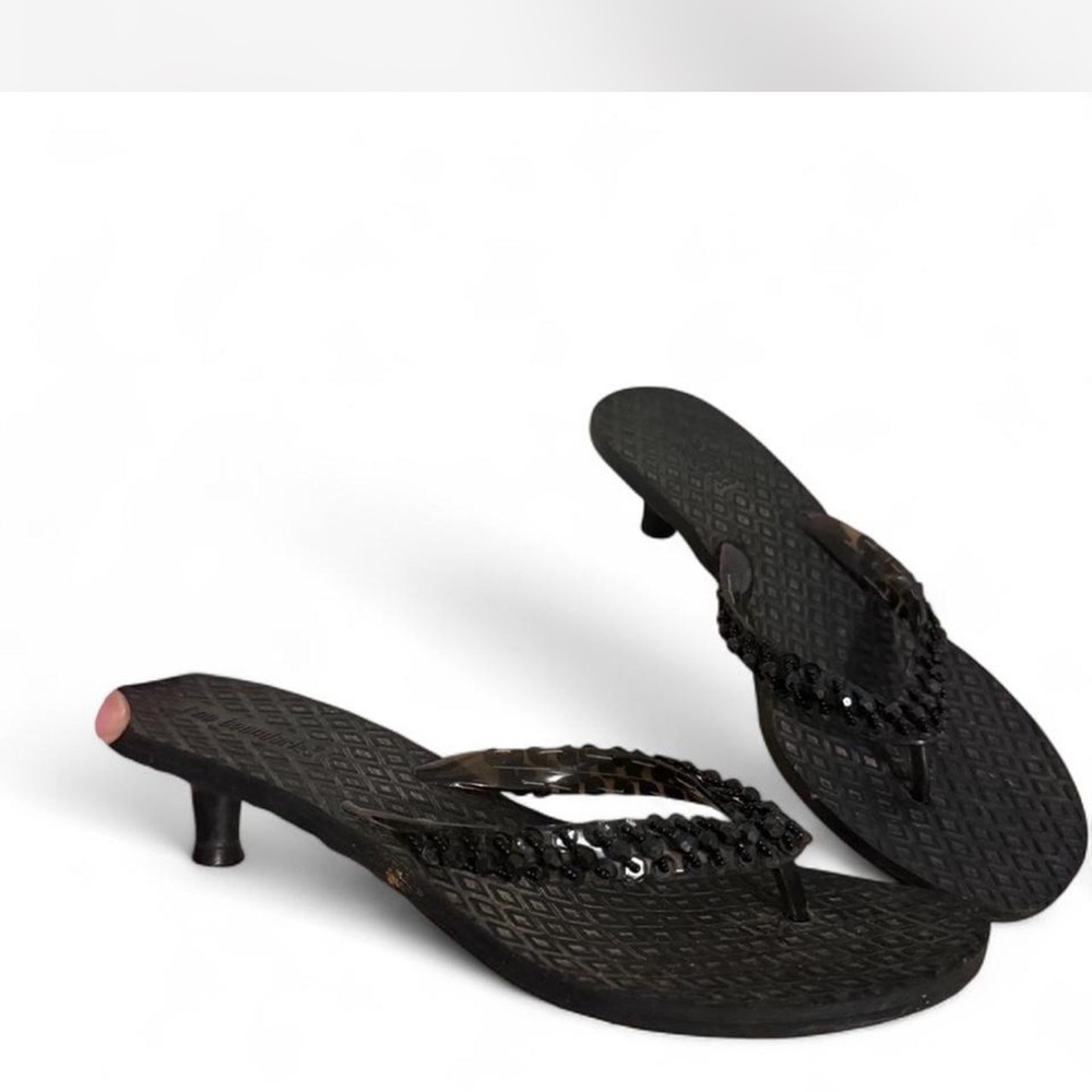 Black Beaded Kitten Heel Flip-Flop Sandals